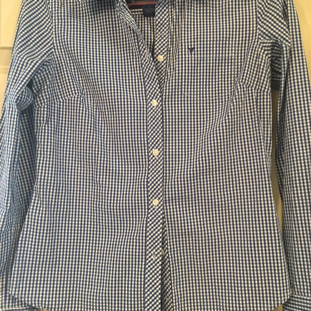 Blue and white gingham button down blouse.